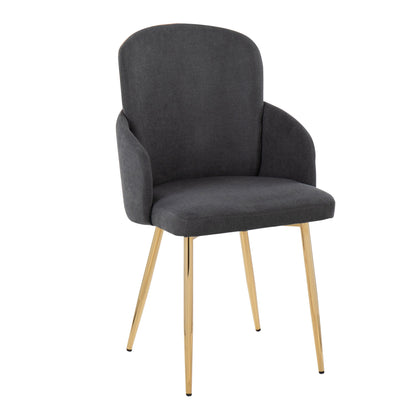 The Dahlia - Contemporary Dining Chair (Set of 2) features a modern curved dark gray upholstered seat and backrest, complemented by slim, angled gold metal legs.