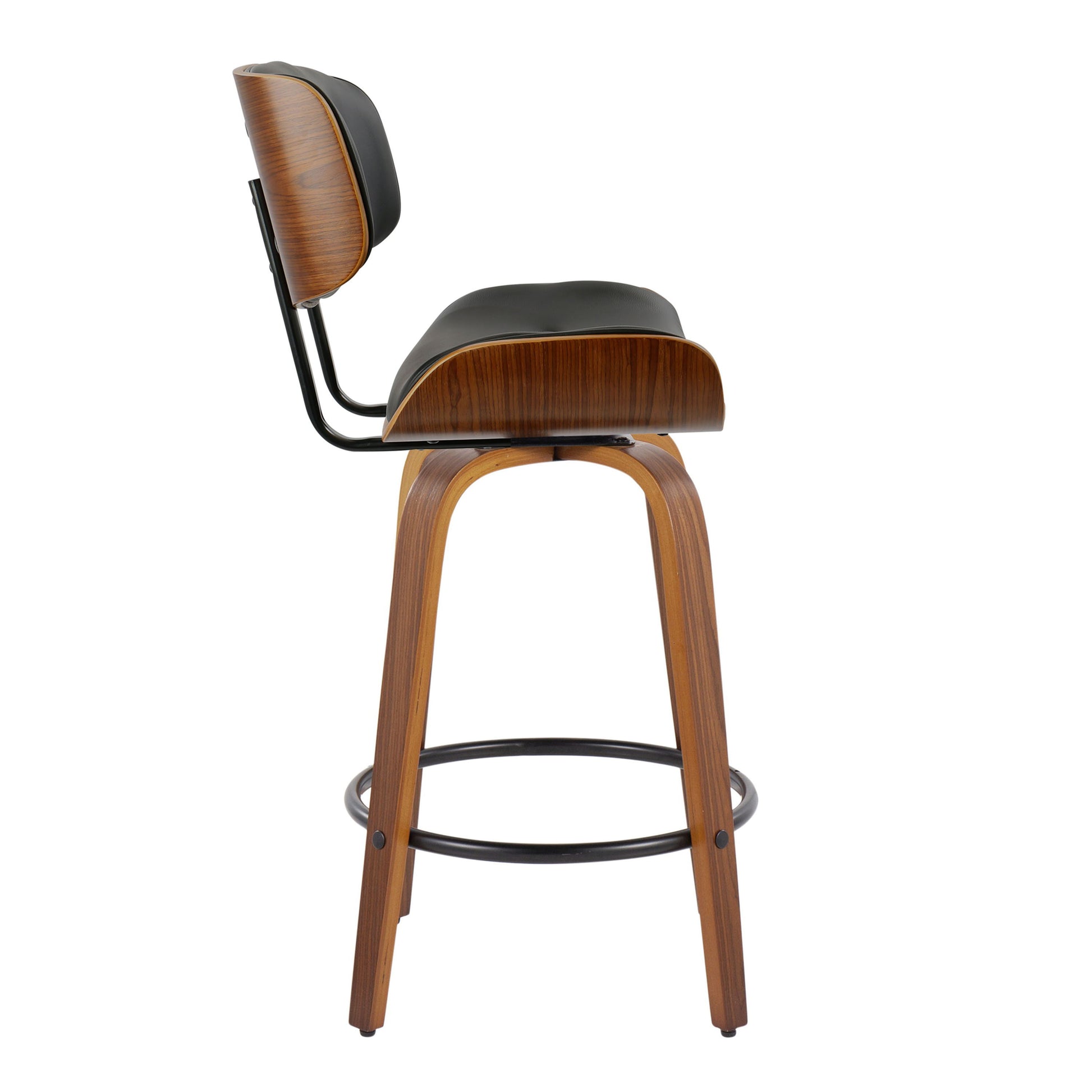 Side view of the Lombardi Mid-Century Modern bar stool featuring a curved backrest, black cushioned seat, round metal footrest, and four wooden legs.