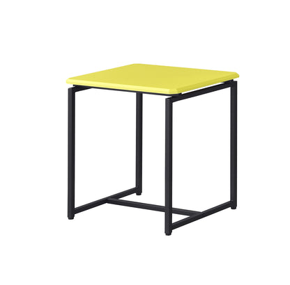 The GT - 3 Piece Carbon Fiber Wrap Coffee Table and End Table set features sleek tables with bright yellow tops and minimalist black metal frames, all shown against a white background.