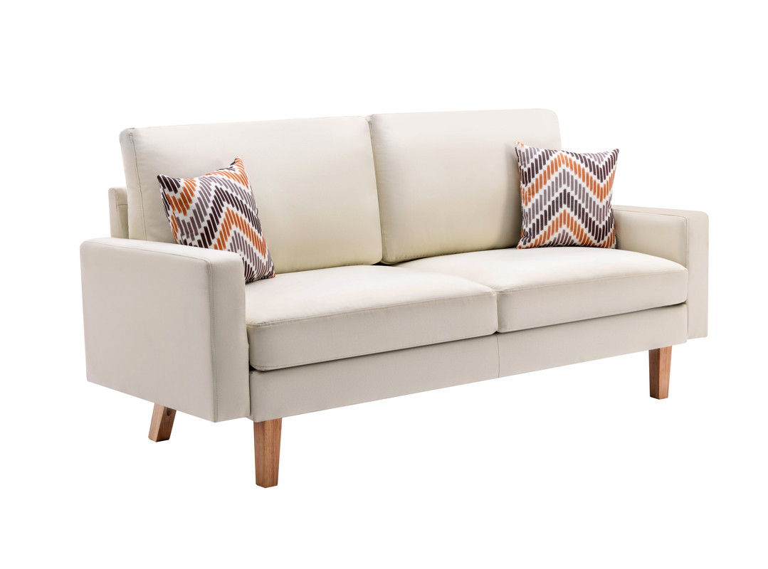 The Bahamas - Sofa Set With 2 Throw Pillows is a modern beige sofa with wooden legs, featuring two geometric-patterned throw pillows in brown, orange, and white, displayed against a white background.