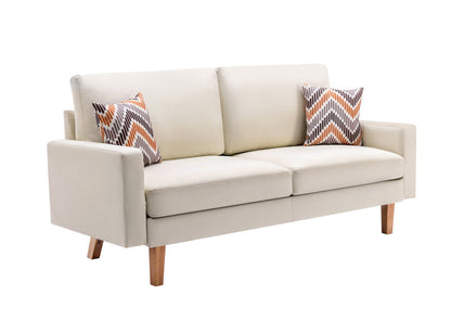The Bahamas - Sofa Set With 2 Throw Pillows is a modern beige sofa with wooden legs, featuring two geometric-patterned throw pillows in brown, orange, and white, displayed against a white background.