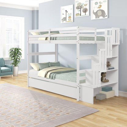 A modern kids’ room with Twin Over Twin Bunk Beds With Twin Trundle And Stairway Storage Function, built-in shelves, green bedding, blue walls, framed animal art, a big window, a potted plant, and a patterned rug.