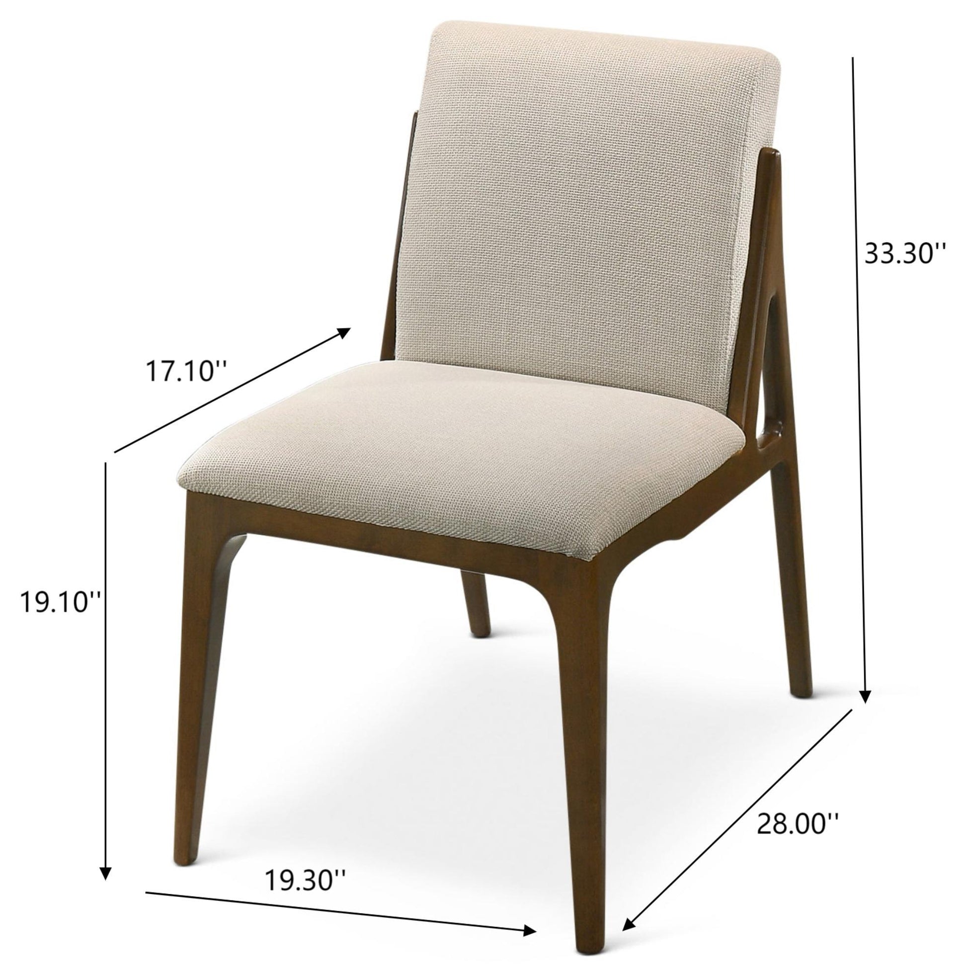 The Grivelle Elegant Dining Chair (Set of 2) features a light beige cushioned seat and backrest, wooden frame, angled legs, and measures 33.3"H x 28"D x 19.3"W with a 17.1" backrest and 19.1" seat height.