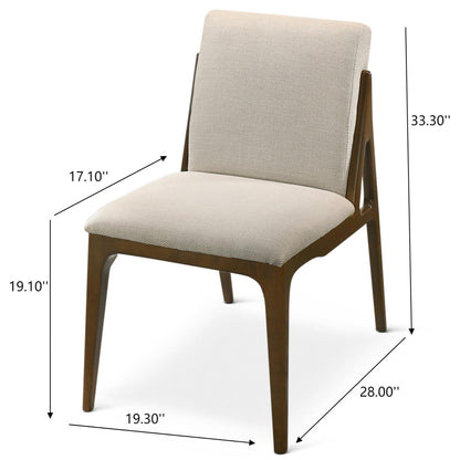 The Grivelle Elegant Dining Chair (Set of 2) features a light beige cushioned seat and backrest, wooden frame, angled legs, and measures 33.3"H x 28"D x 19.3"W with a 17.1" backrest and 19.1" seat height.
