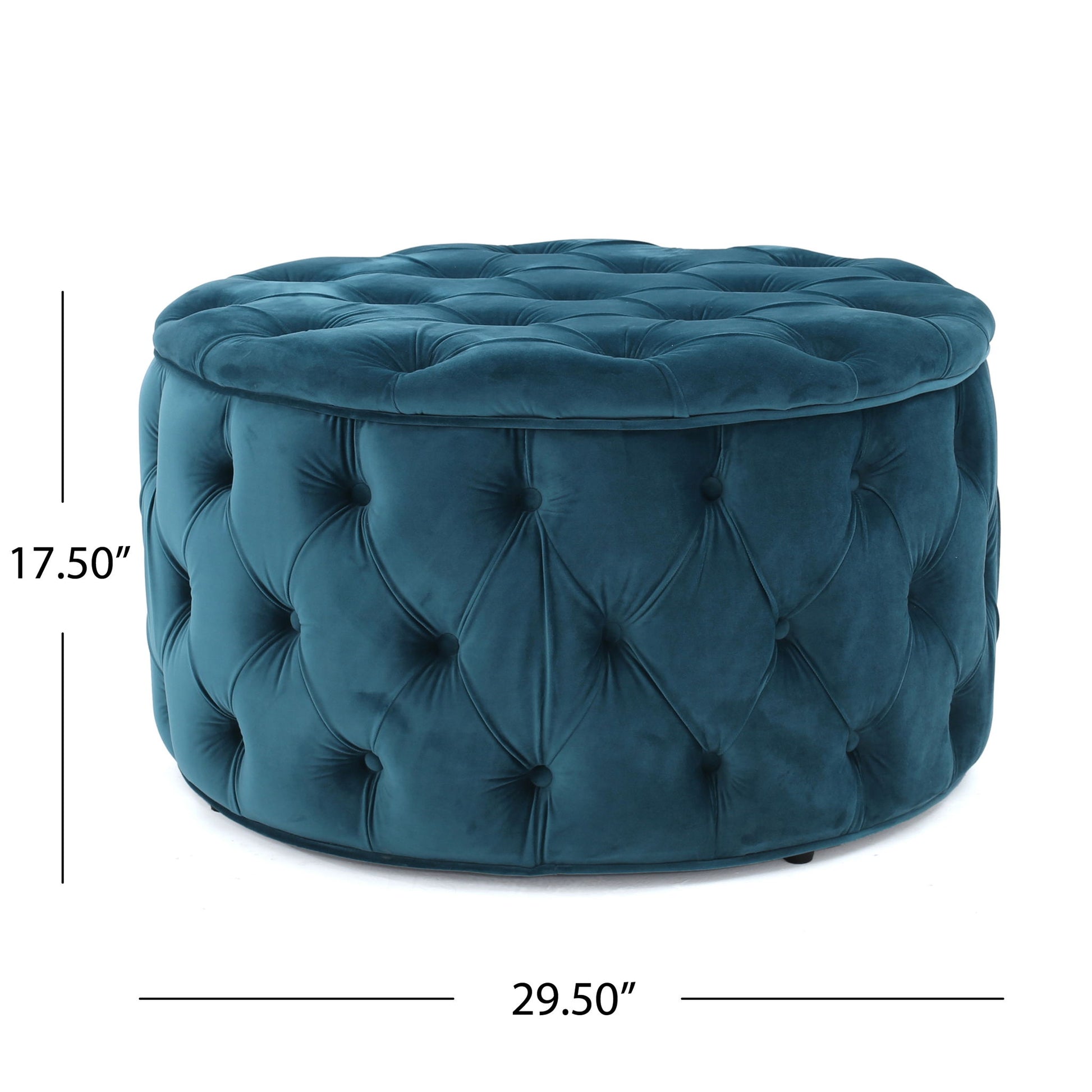 The Modern Glam Ottoman Velvet is a round, teal blue tufted ottoman with a cushioned top, measuring 17.5" high and 29.5" in diameter.