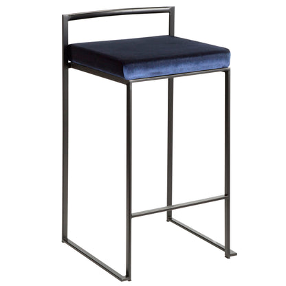 The Fuji - Contemporary Style Stackable Counter Stool features a minimalist black metal frame, a square navy blue cushioned seat, a low straight backrest, and sleek clean lines for a modern look.
