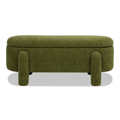 The Hugo - Oval Fully Upholstered Storage Bench features a green cushioned oval seat and four rounded legs, displayed against a white background.