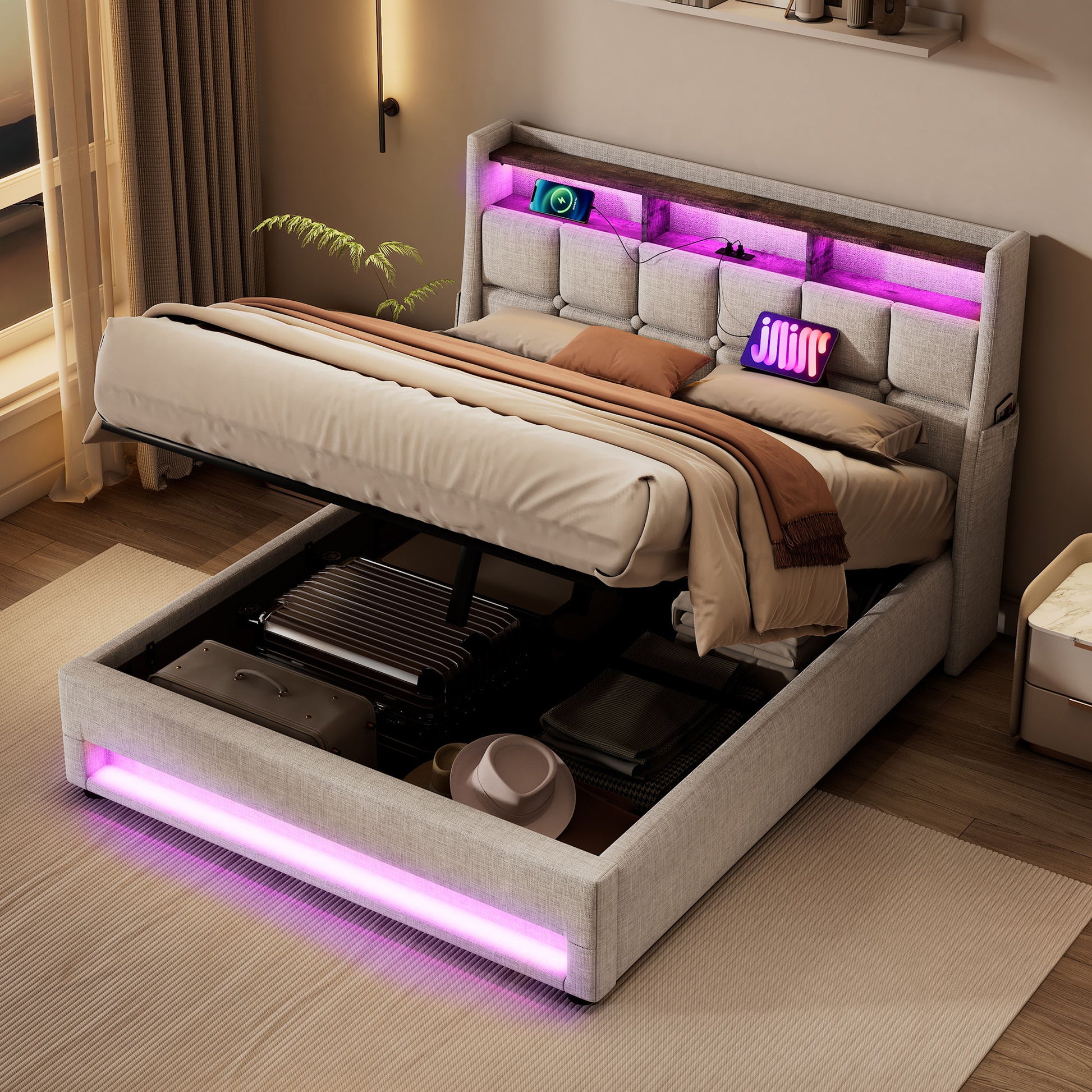 The Upholstered Platform Bed With A Hydraulic Storage System, LED And USB Charging (Without Mattress) features built-in shelving, soft pink LED lighting, and lift-up storage space for items like suitcases and hats in a neatly organized room.