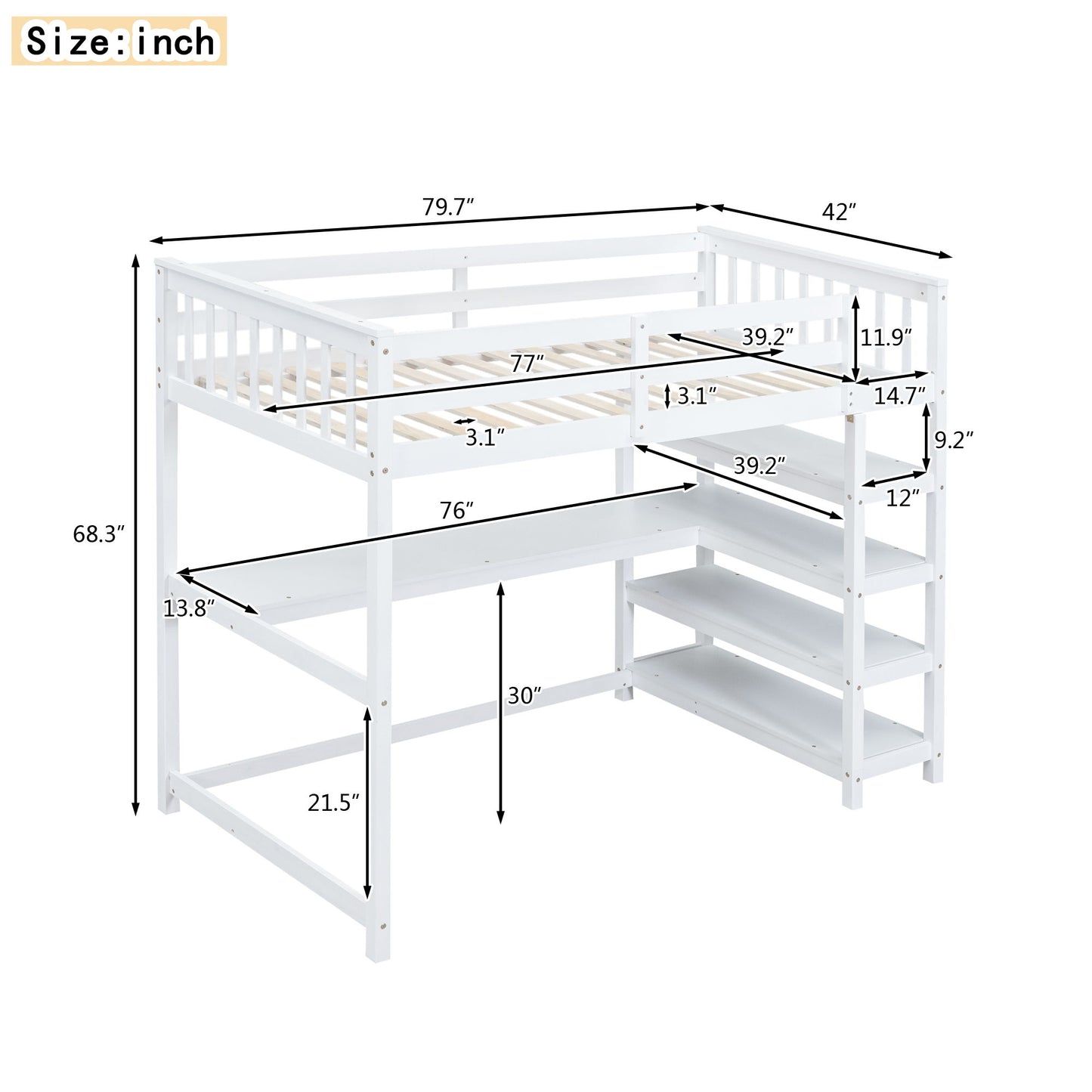 Loft Bed With Storage Shelves And Under Bed Desk