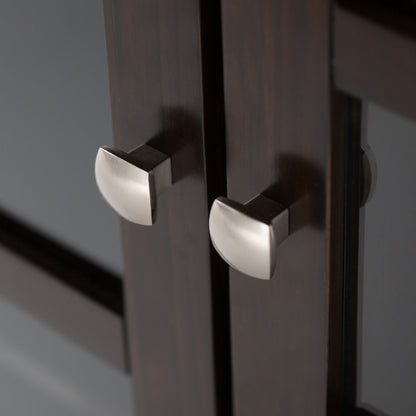 Close-up of two brushed metal knobs on the Acadian Entryway Storage Cabinet in Brunette Brown, with soft lighting highlighting their smooth, modern design.