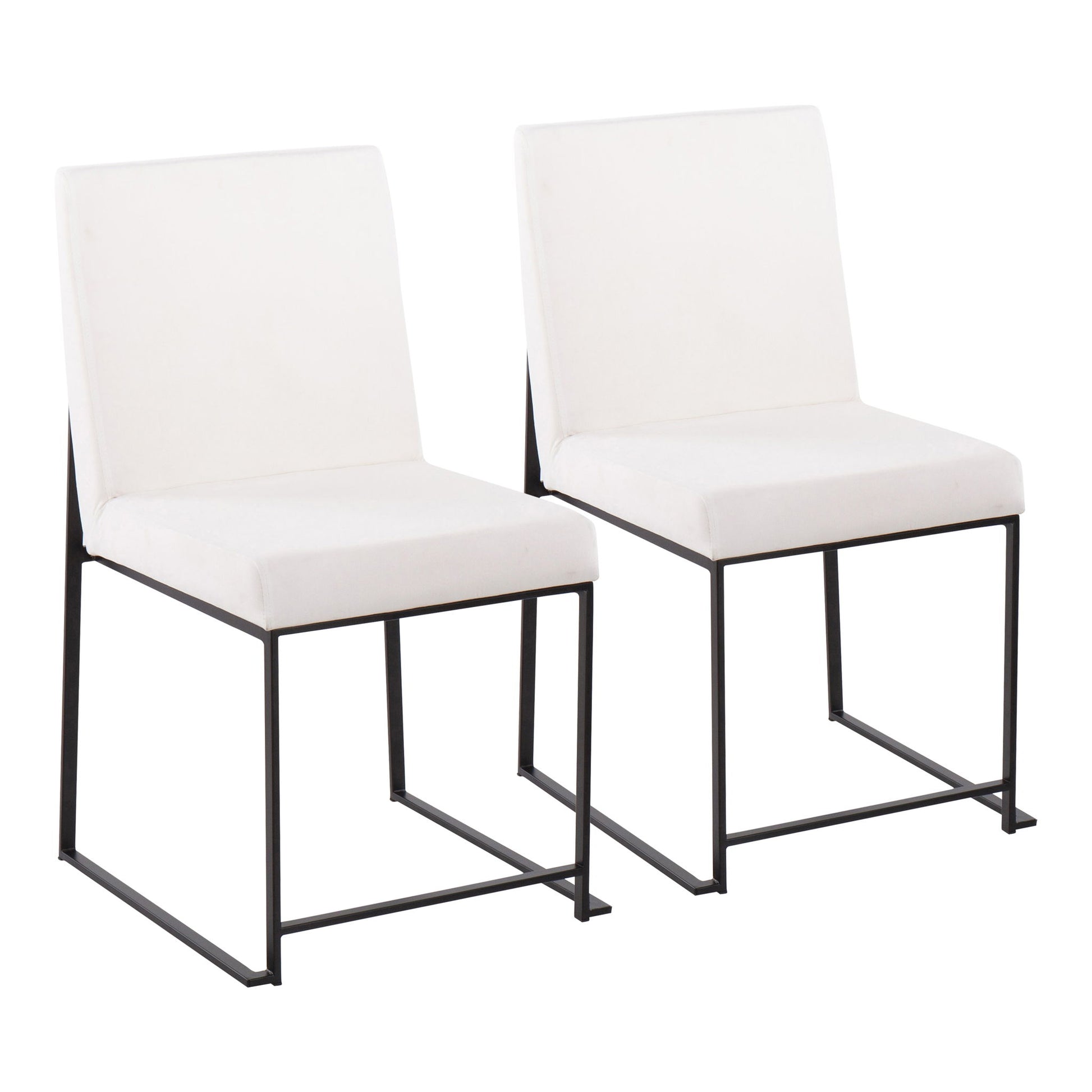 Two Fuji Contemporary Modern Elegance High Back Dining Chairs, featuring white padded seats and backs with minimalist black metal frames, are placed side by side against a plain white background.