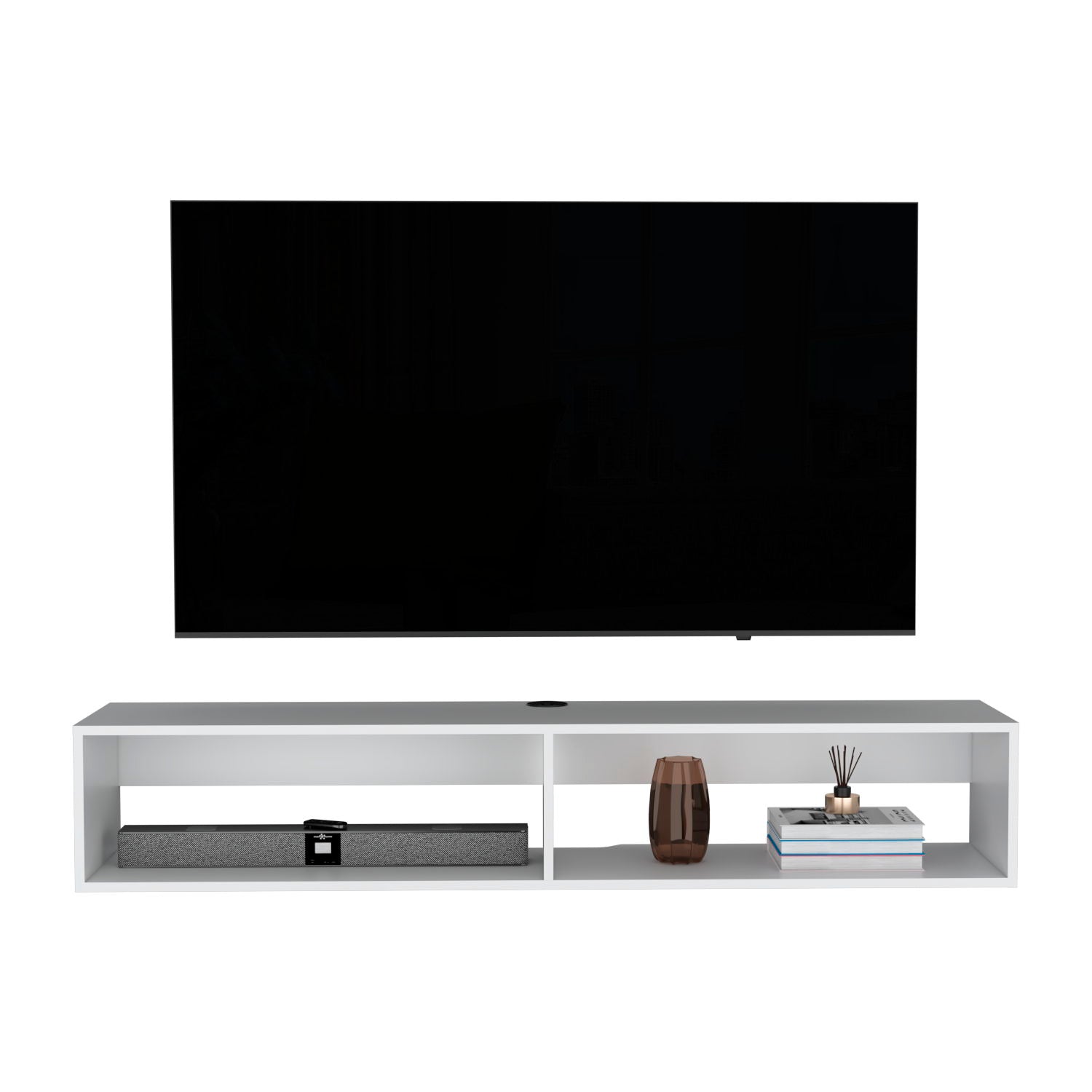 A modern wall-mounted flat-screen TV above the Moore Floating TV Stand with open shelves, displaying a speaker, brown vase, reed diffuser, and a stack of books.