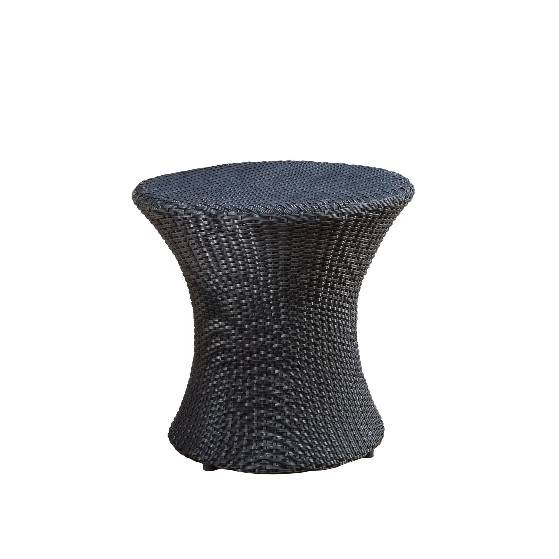 The Thrive Hourglass Rattan Table, featuring a black woven wicker texture and no glass top, is shown against a plain white background.