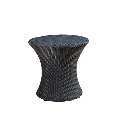 The Thrive Hourglass Rattan Table, featuring a black woven wicker texture and no glass top, is shown against a plain white background.