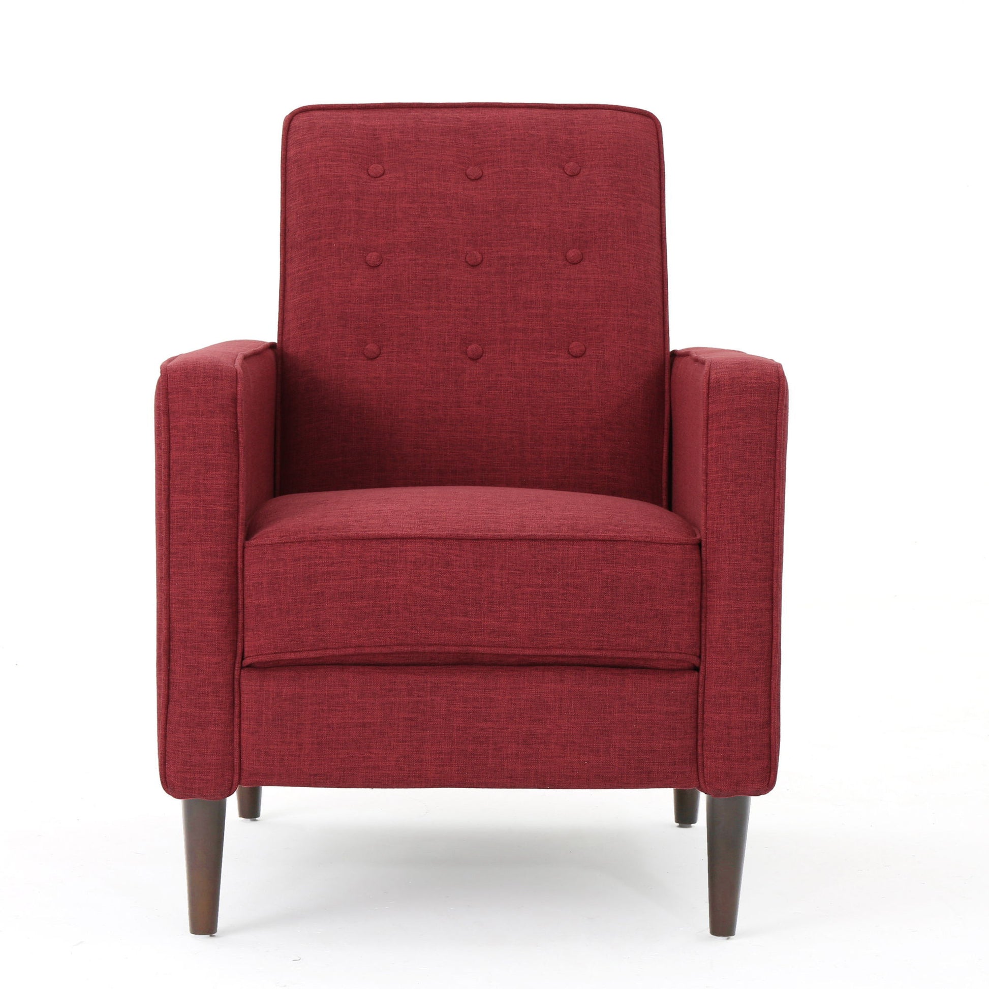 The Mid-Century Modern Recliner features red upholstery, a button-tufted waffle stitch backrest, square armrests, and dark wooden legs, all set against a plain white background.