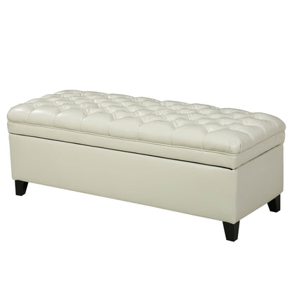 The Juliana Storage Ottoman features a modern rectangular shape, white upholstered finish, tufted cushioned lid, and sturdy black birch legs—perfect for extra seating and hidden storage.
