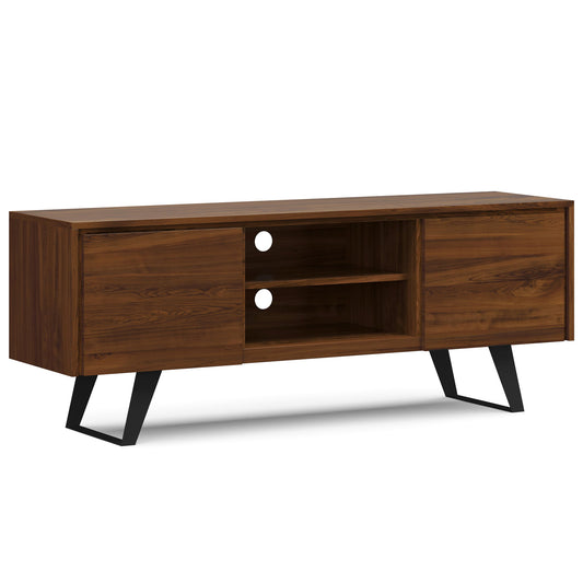 The Lowry - Handcrafted TV Media Stand features two side cabinets, two open central shelves, round cable management holes, and black angled metal legs for a modern look.