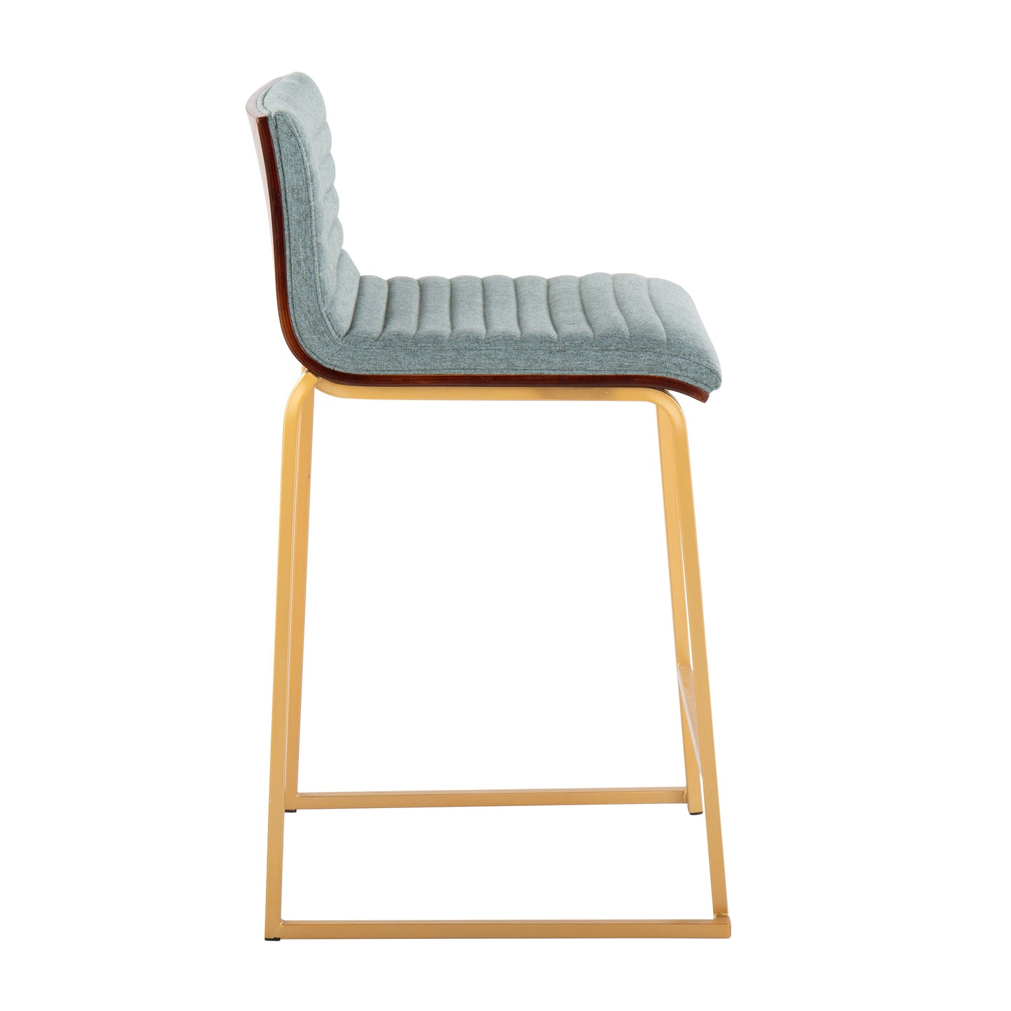 Profile view of the Mason Mara counter stool, part of a set of two, featuring a sleek quilted light blue upholstered seat and backrest. The modern design is complemented by a thin rectangular gold-colored metal frame.