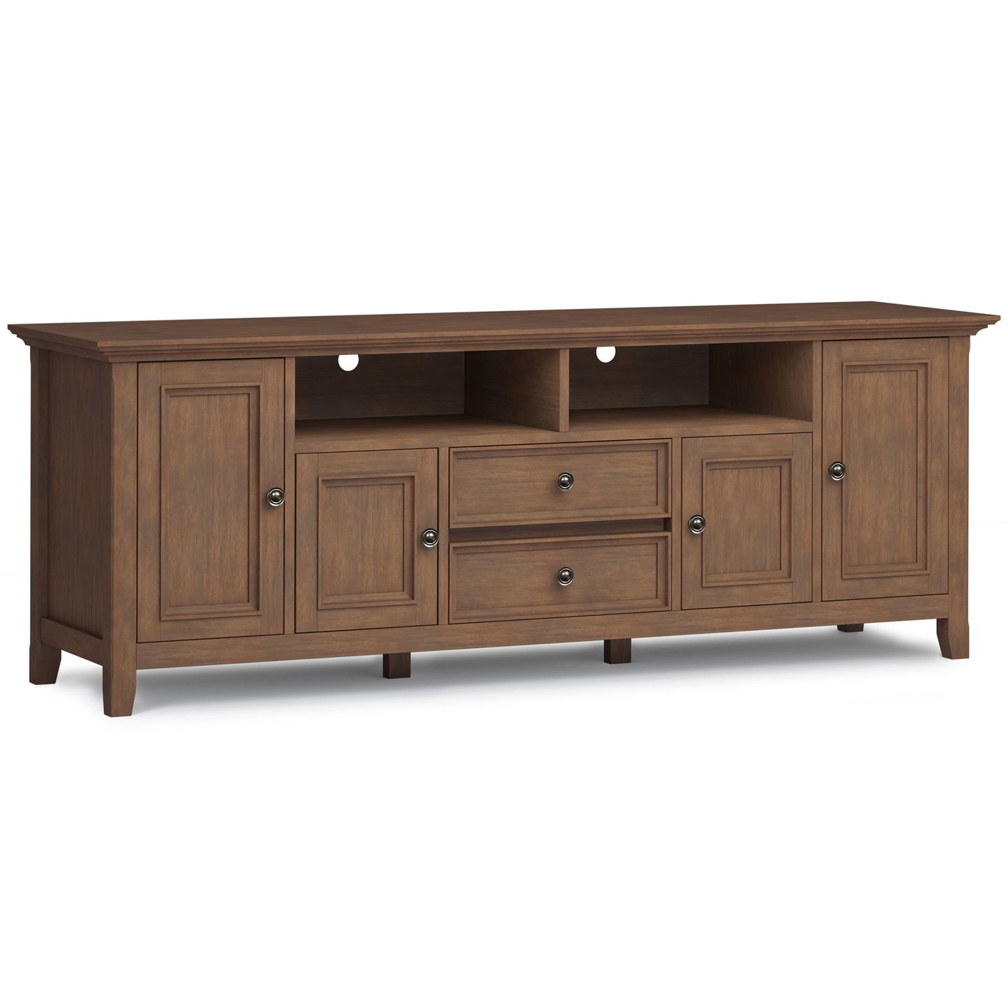 The Amherst Wide TV Media Stand in Rustic Natural Aged Brown features two central drawers, two open shelves above, and side cabinets with doors, plus cable management holes in the back panel.