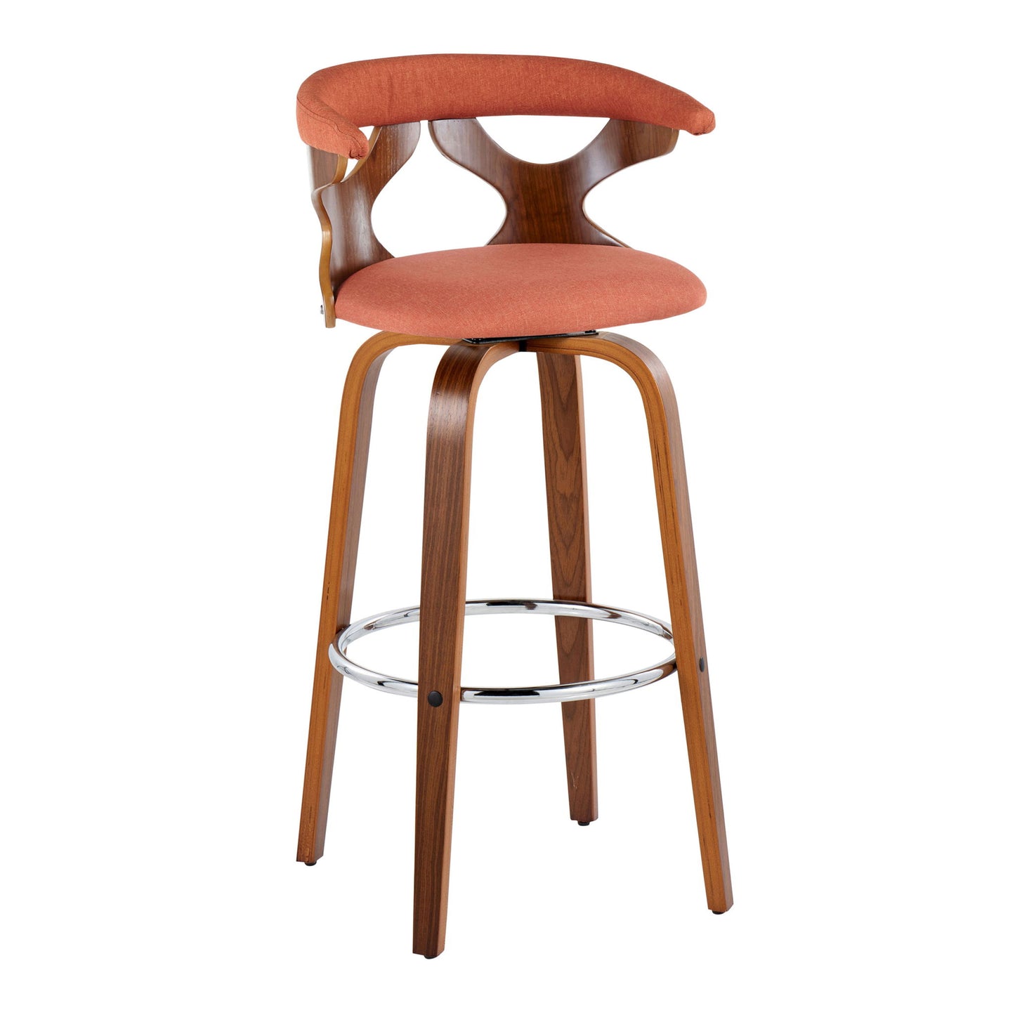 The Gardenia Mid Century Modern Barstool set features a curved wooden frame, orange cushioned seat and backrest, open geometric cutout, four angled legs, swivel function, and a round chrome footrest. Set of 2.