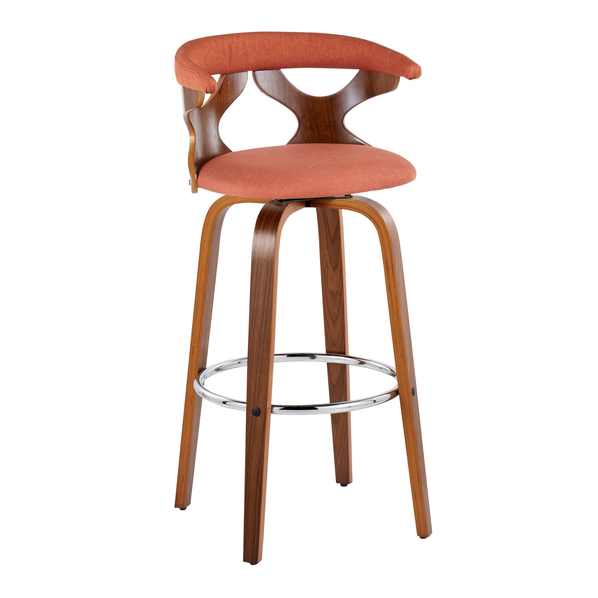 The Gardenia Mid Century Modern Barstool set features a curved wooden frame, orange cushioned seat and backrest, open geometric cutout, four angled legs, swivel function, and a round chrome footrest. Set of 2.