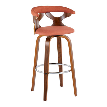 The Gardenia Mid Century Modern Barstool set features a curved wooden frame, orange cushioned seat and backrest, open geometric cutout, four angled legs, swivel function, and a round chrome footrest. Set of 2.