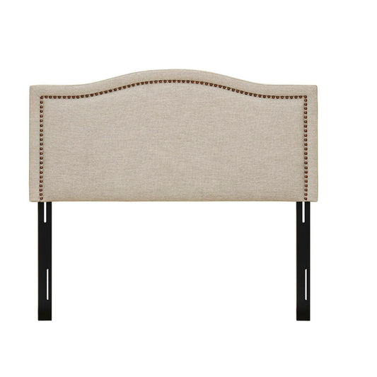 The Elegant Panel Headboard features a beige upholstered design, curved top edge, copper nailheads for decoration, and adjustable black metal mounting legs.