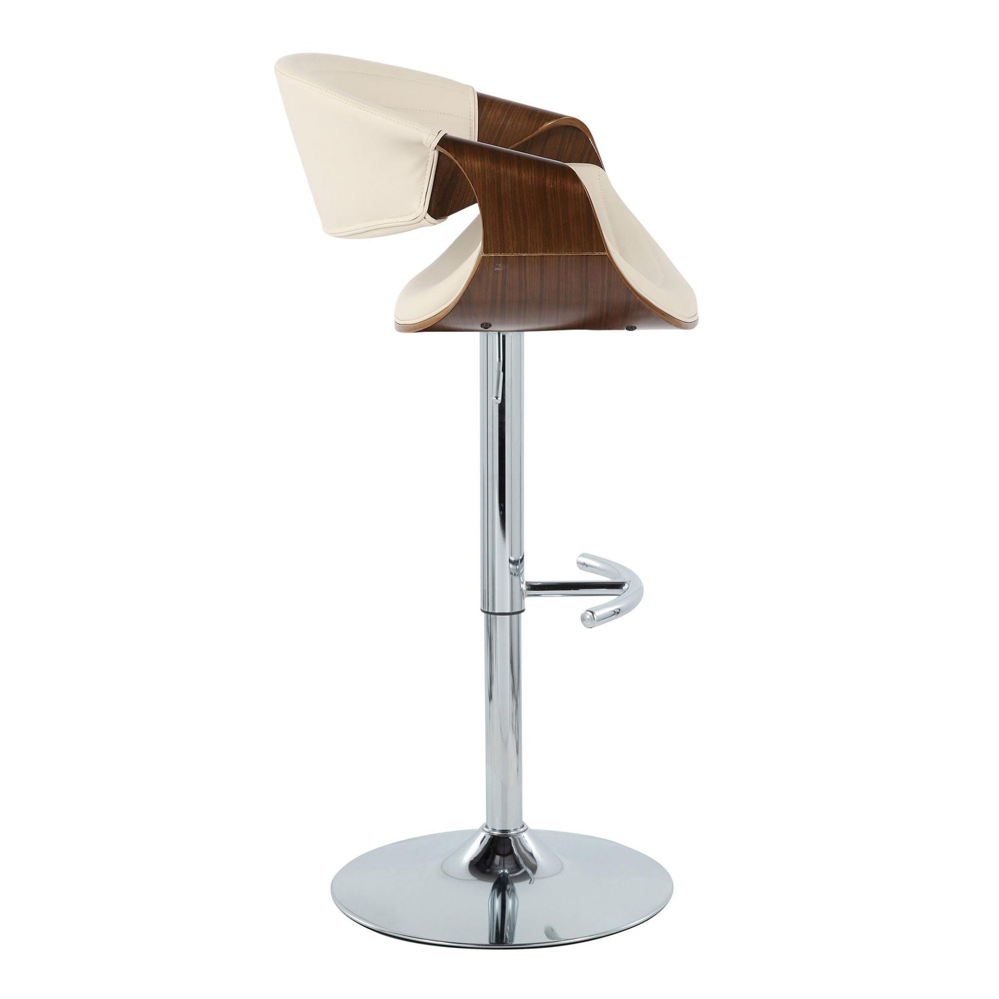 The Symphony Mid Century Modern Adjustable Barstool & Swivel (Set of 2) features curved wooden and cream seats, a chrome pedestal base, and rounded T footrests, shown against a white background.