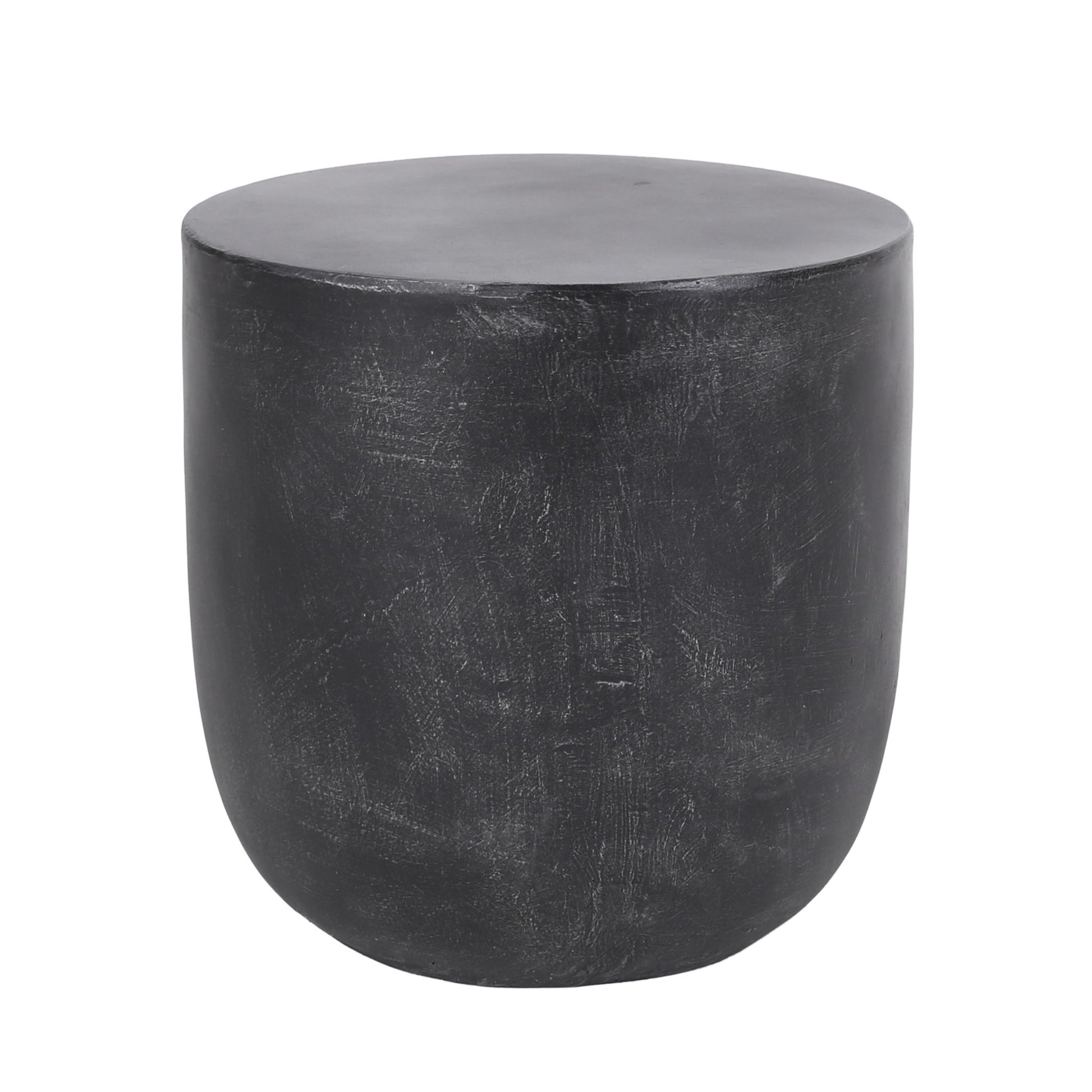 A matte black Outdoor Lightweight Concrete End Table with a natural, slightly textured finish offers a modern look as a side table or stool.