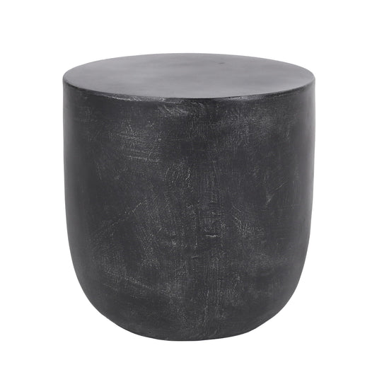 A matte black Outdoor Lightweight Concrete End Table with a natural, slightly textured finish offers a modern look as a side table or stool.