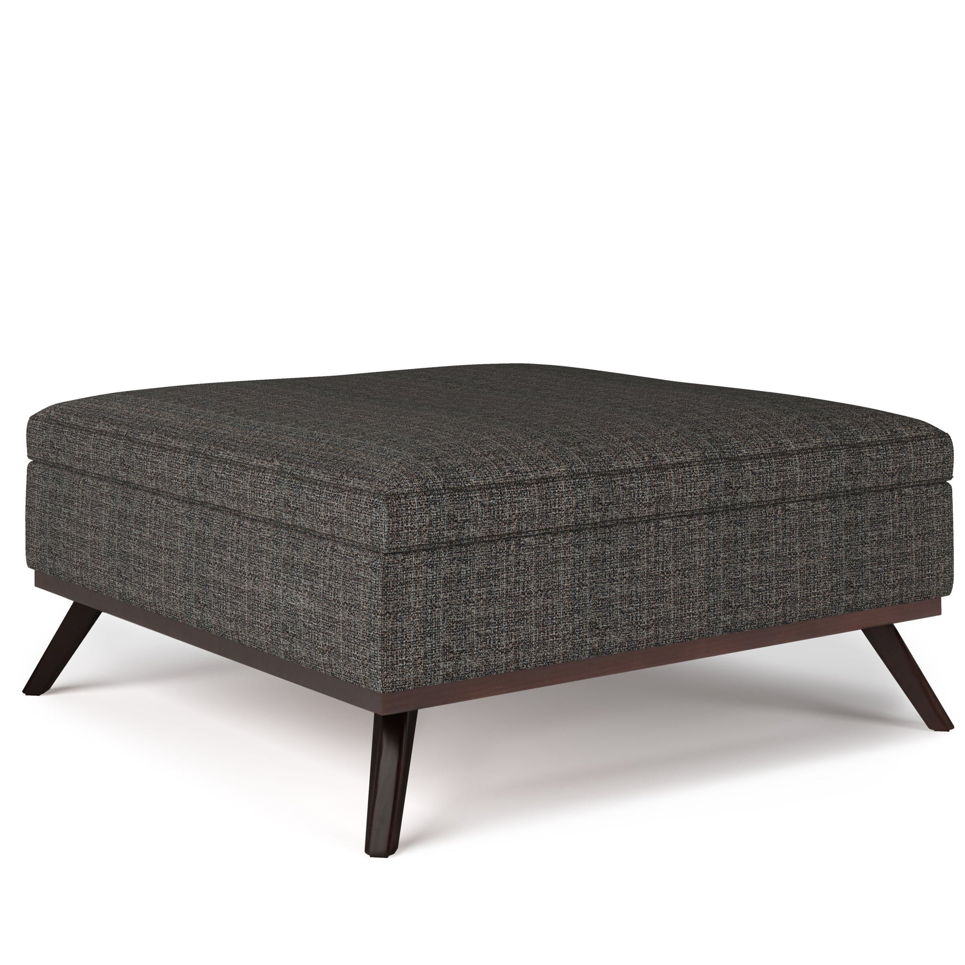 The Owen Multifunctional Square Coffee Table Storage Ottoman features dark gray textured upholstery, slim angled wooden legs, and a modern minimalist design.