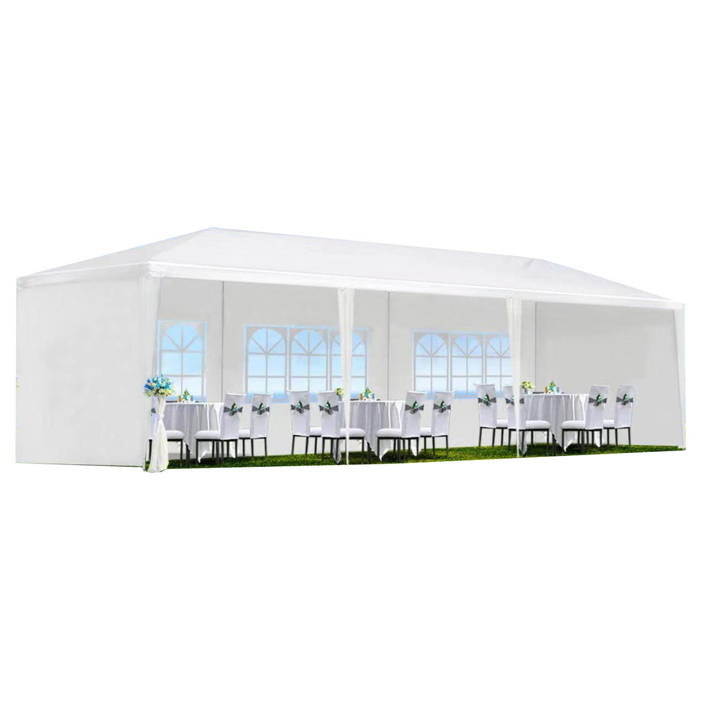 A 10X20' Outdoor Garden Gazebo Wedding Party Tent Canopy Marquee with removable sidewalls is set up outdoors, featuring arched windows. Inside, round tables with white tablecloths and flower centerpieces are arranged for a formal event.