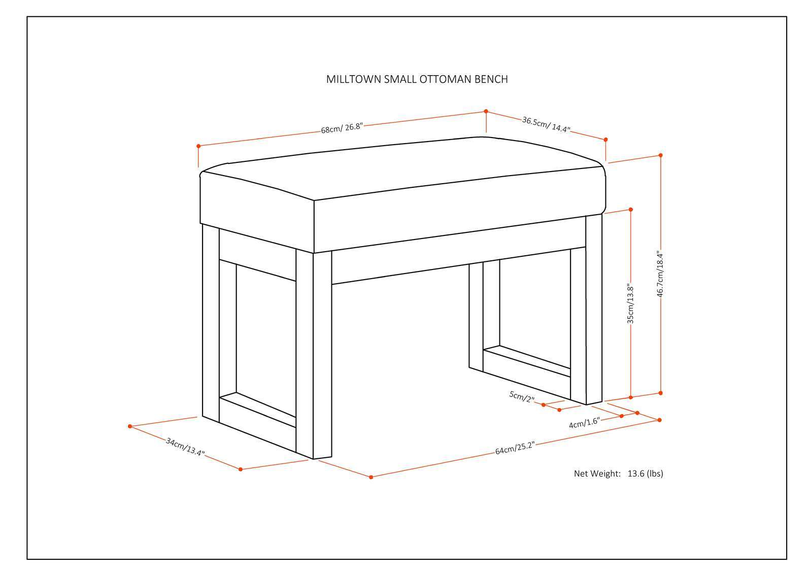 Line drawing of a Milltown - Upholstered Ottoman Bench with labeled dimensions: 35¾" W x 16¾" D x 19¾" H, showing angled views and measurements for depth, width, and height. Net weight: 13.6 lbs.