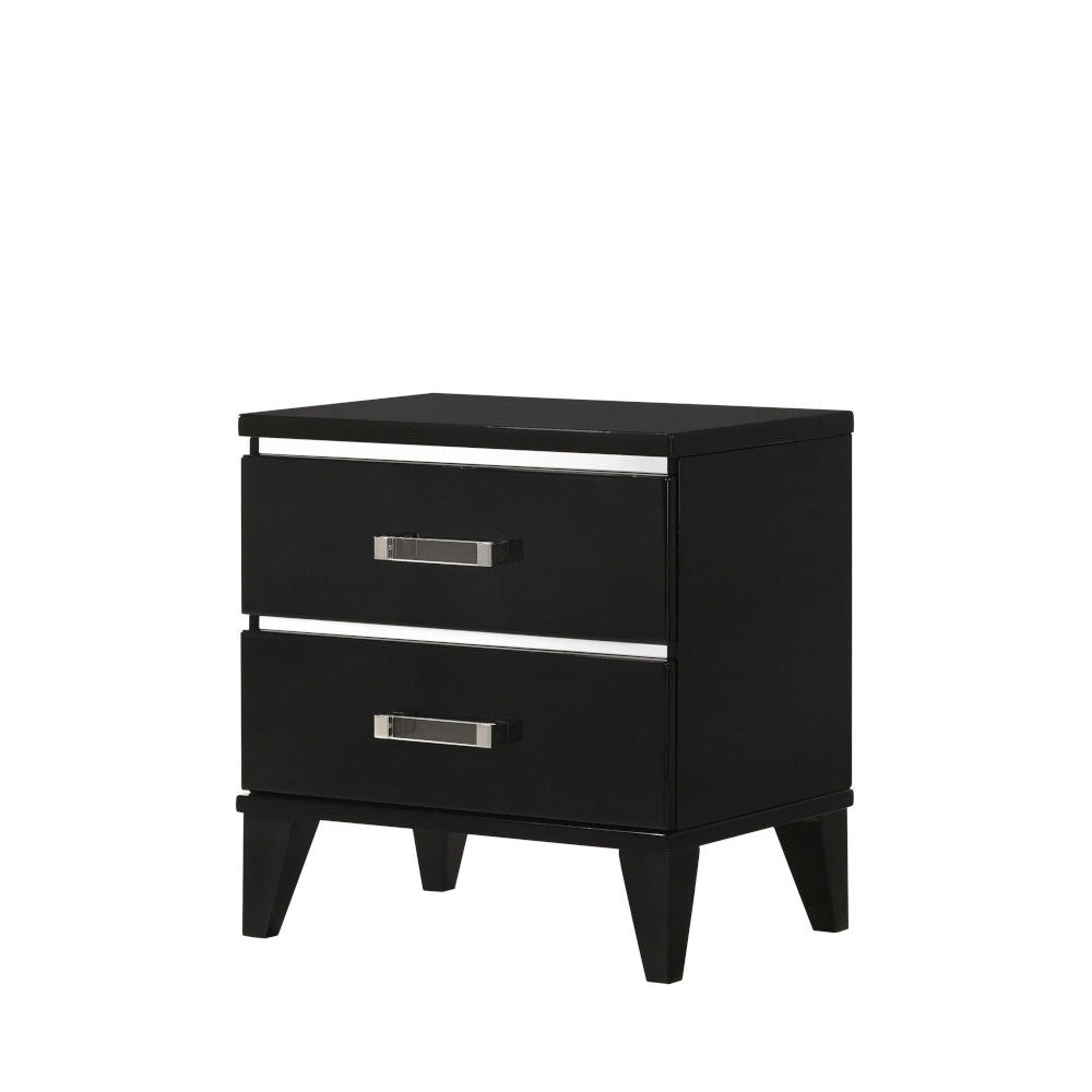 The Chelsie Nightstand in black features two drawers with horizontal silver handles and stands on four angled legs, set against a plain white background.