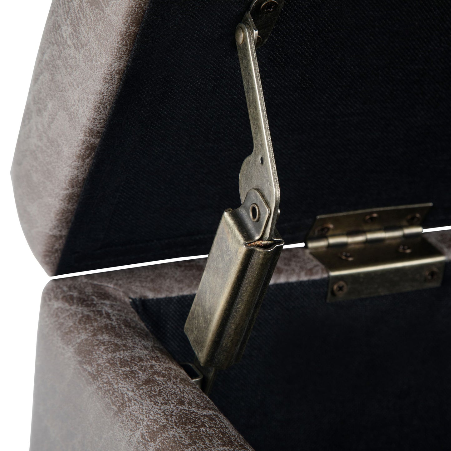 Close-up of the Dover Upholstered Storage Ottoman Bench, highlighting its interior hinge mechanism and textured brown fabric upholstery.