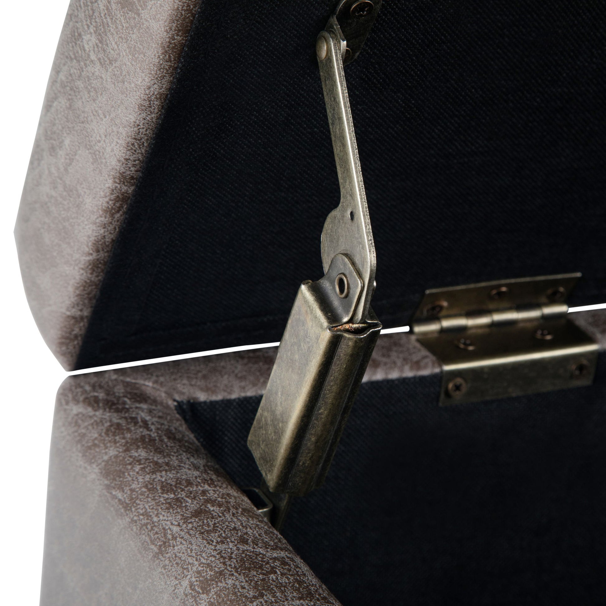 Close-up of the Dover Upholstered Storage Ottoman Bench, highlighting its interior hinge mechanism and textured brown fabric upholstery.