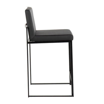 The Fuji High Back Counter Stool features a contemporary black cushioned seat and backrest, minimalist metal frame, and rectangular silhouette, shown from the side against a white background.