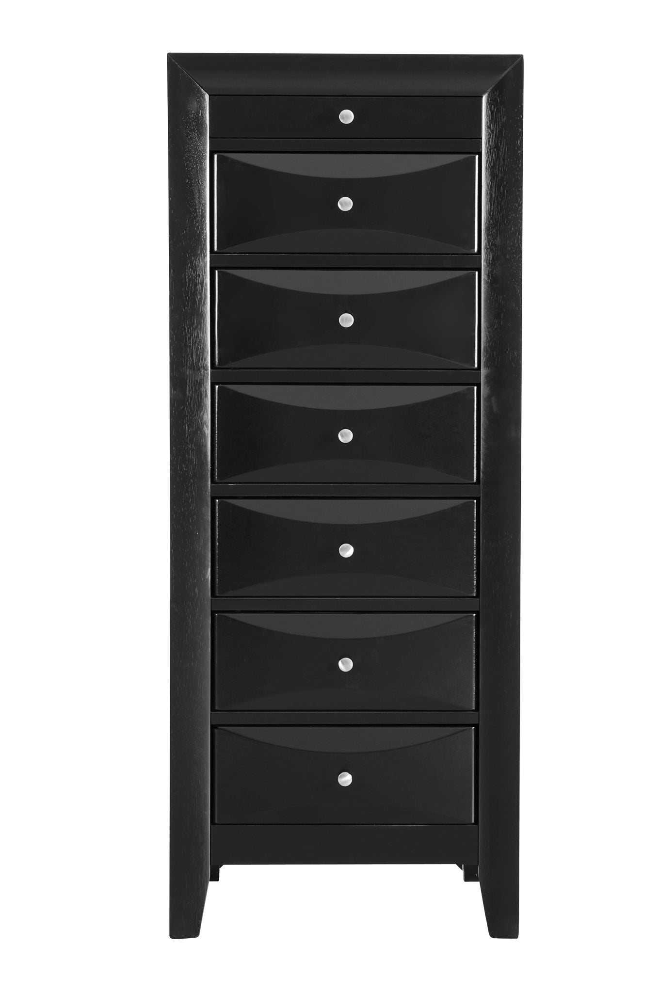 The Marilla 7 Drawer Lingerie Chest is a tall black wooden dresser with seven slightly curved drawers, each adorned with small round silver knobs, and stands on short legs.