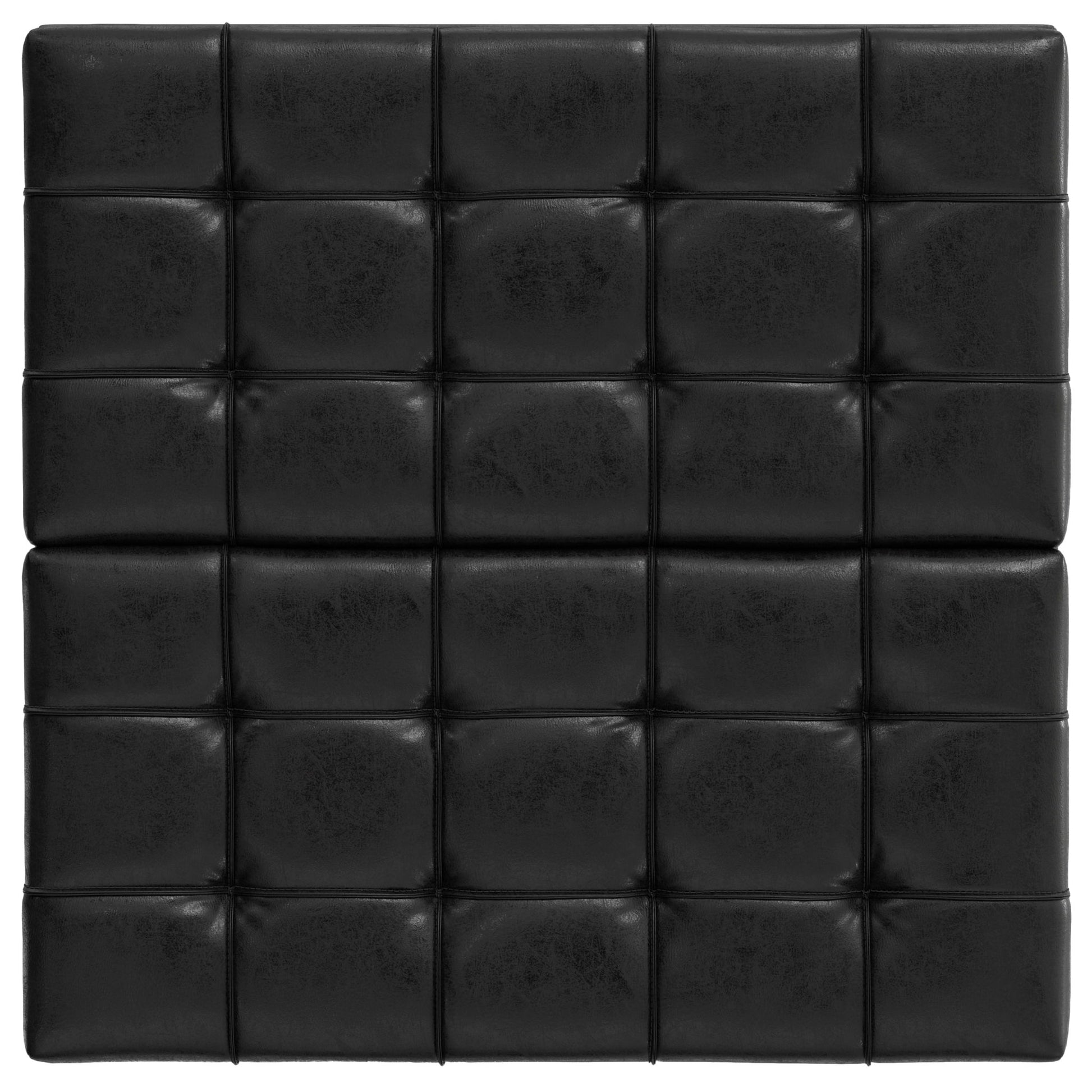 The Harrison Large Coffee Table Storage Ottoman features a black, tufted leather surface with a grid pattern and two rows of square cushions stacked together.