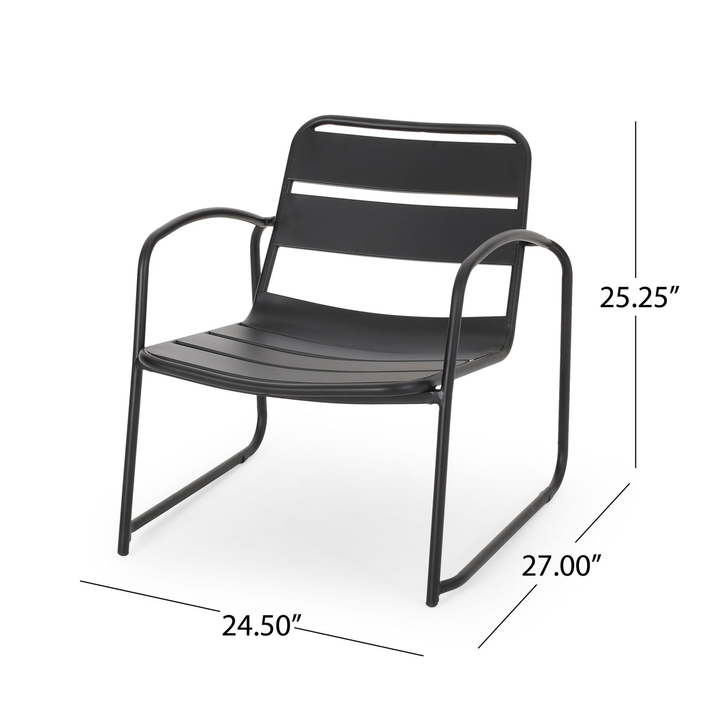 The Conrad - Chair Outdoor Seating features a black metal frame, curved armrests, and slatted seat and backrest. Dimensions: 25.25" H x 24.5" W x 27" D.