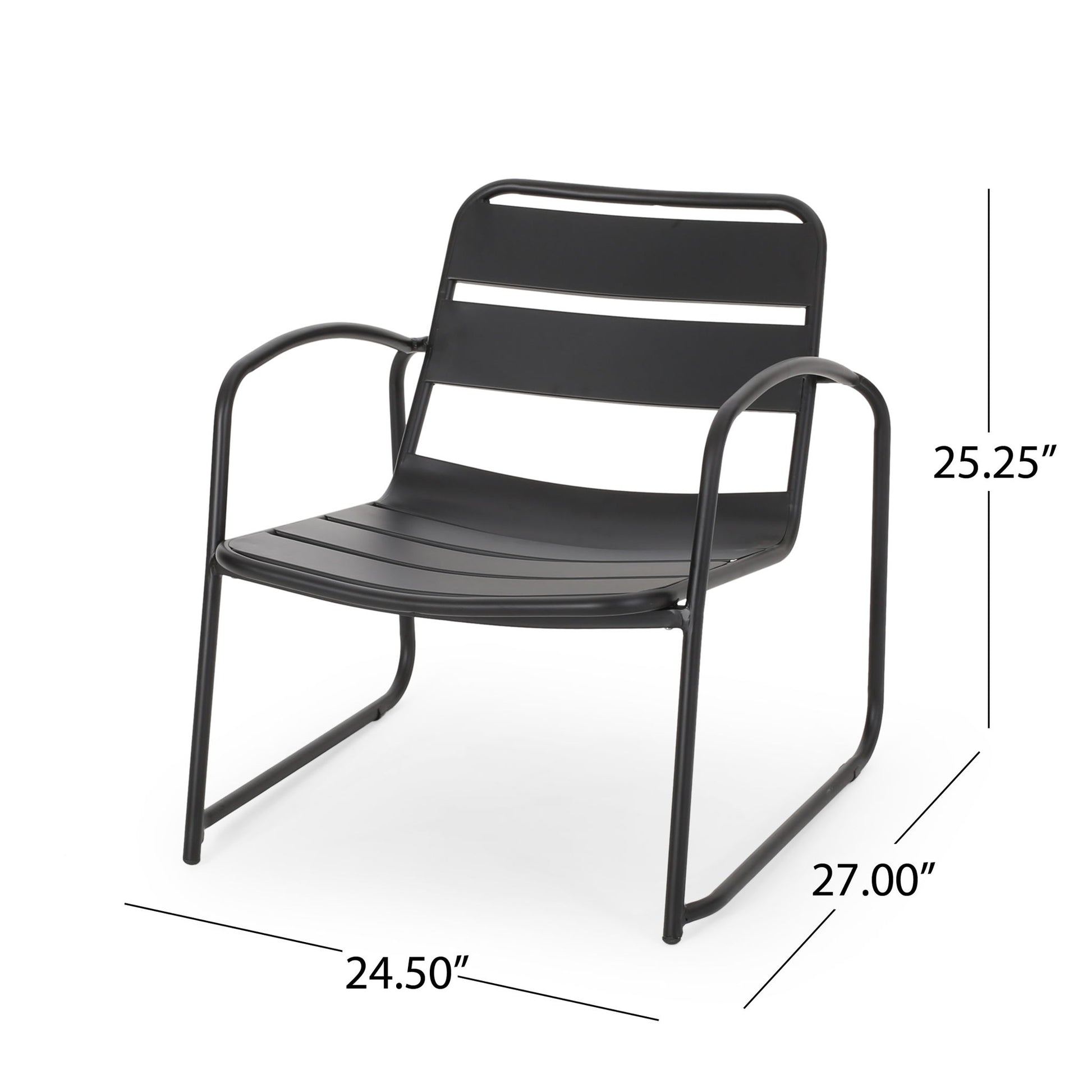 The Conrad - Chair Outdoor Seating features a black metal frame, curved armrests, and slatted seat and backrest. Dimensions: 25.25" H x 24.5" W x 27" D.