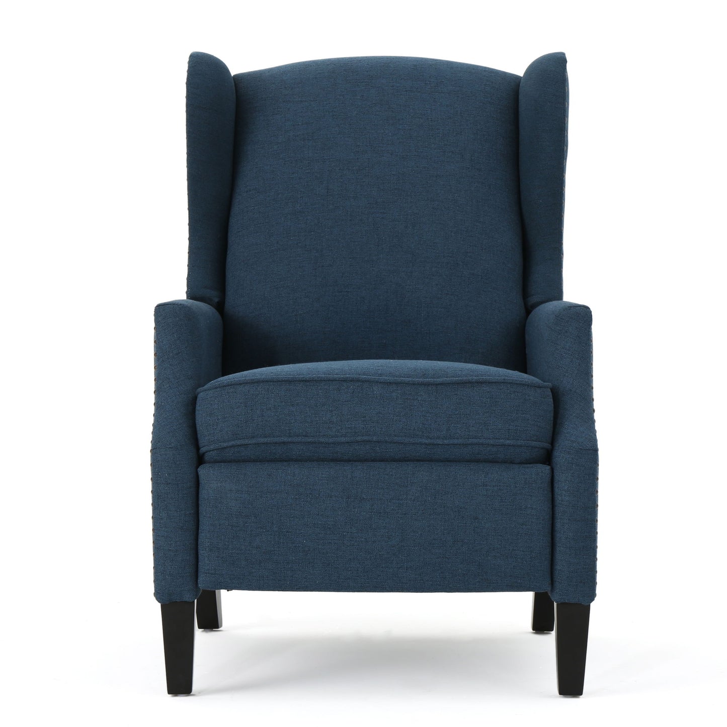 The Westeros Wing Back Fabric Upholstered Recliner features dark blue fabric, a high back with winged sides, straight arms, and dark wooden legs, shown from the front against a white background.