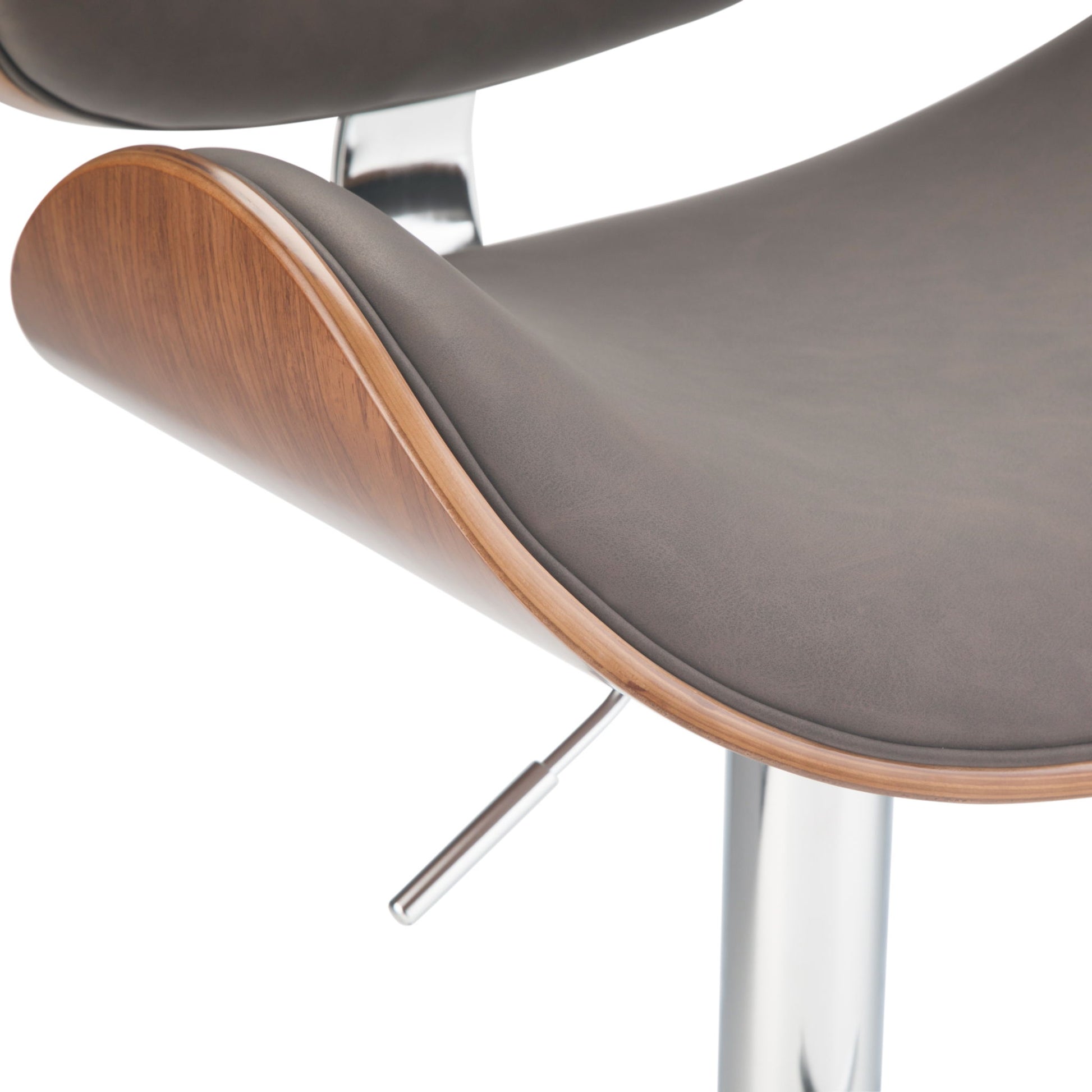 Close-up of the Marana Multifunctional Handcrafted Bentwood Adjustable Swivel Bar Stool, featuring a curved gray cushioned seat, wood trim edge, and chrome base with height adjustment lever.