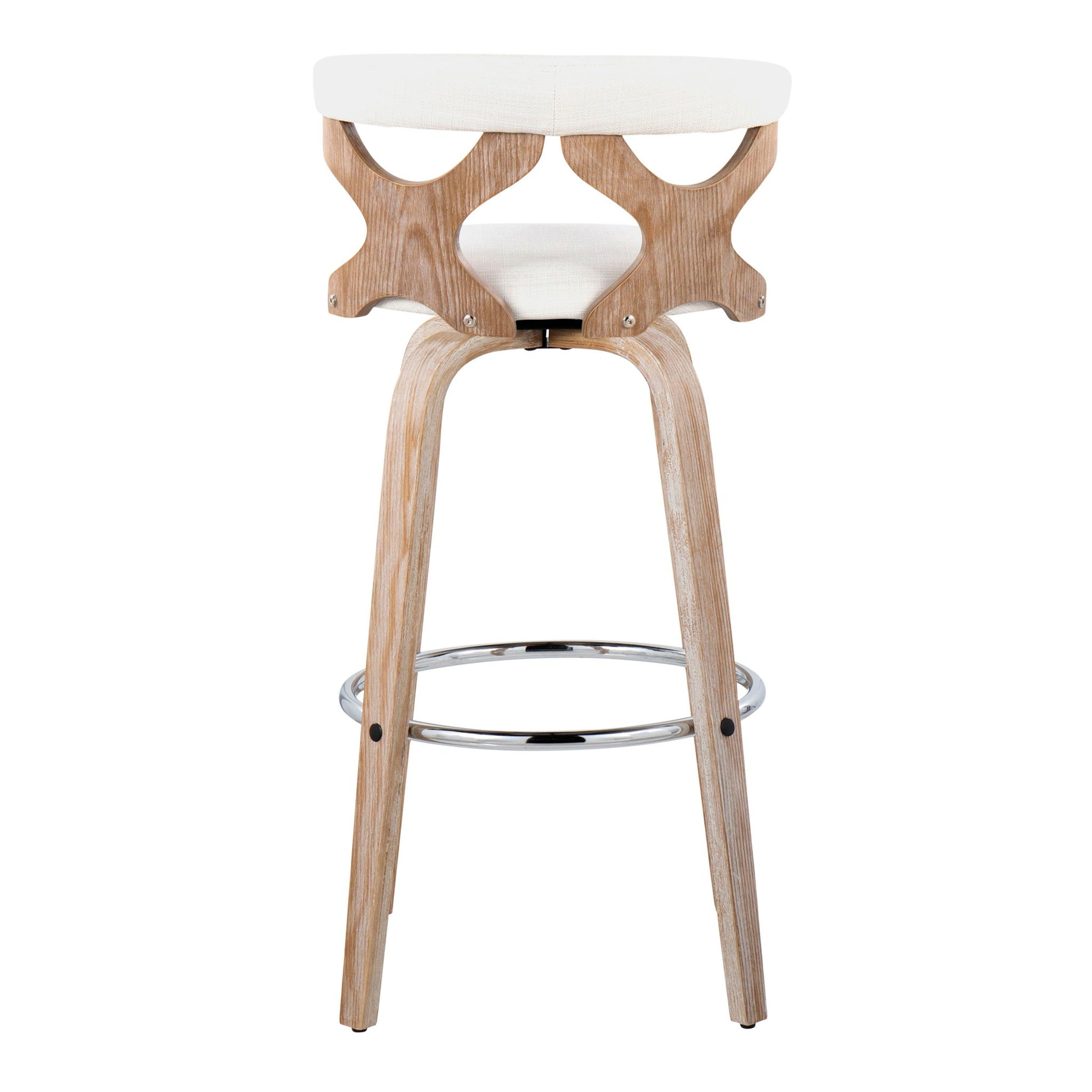 The Gardenia Contemporary Fixed Height Barstool (Set of 2) features a light wood frame, curved backrest with cut-out shapes, swivel function, round white upholstered seat, and circular chrome footrest.
