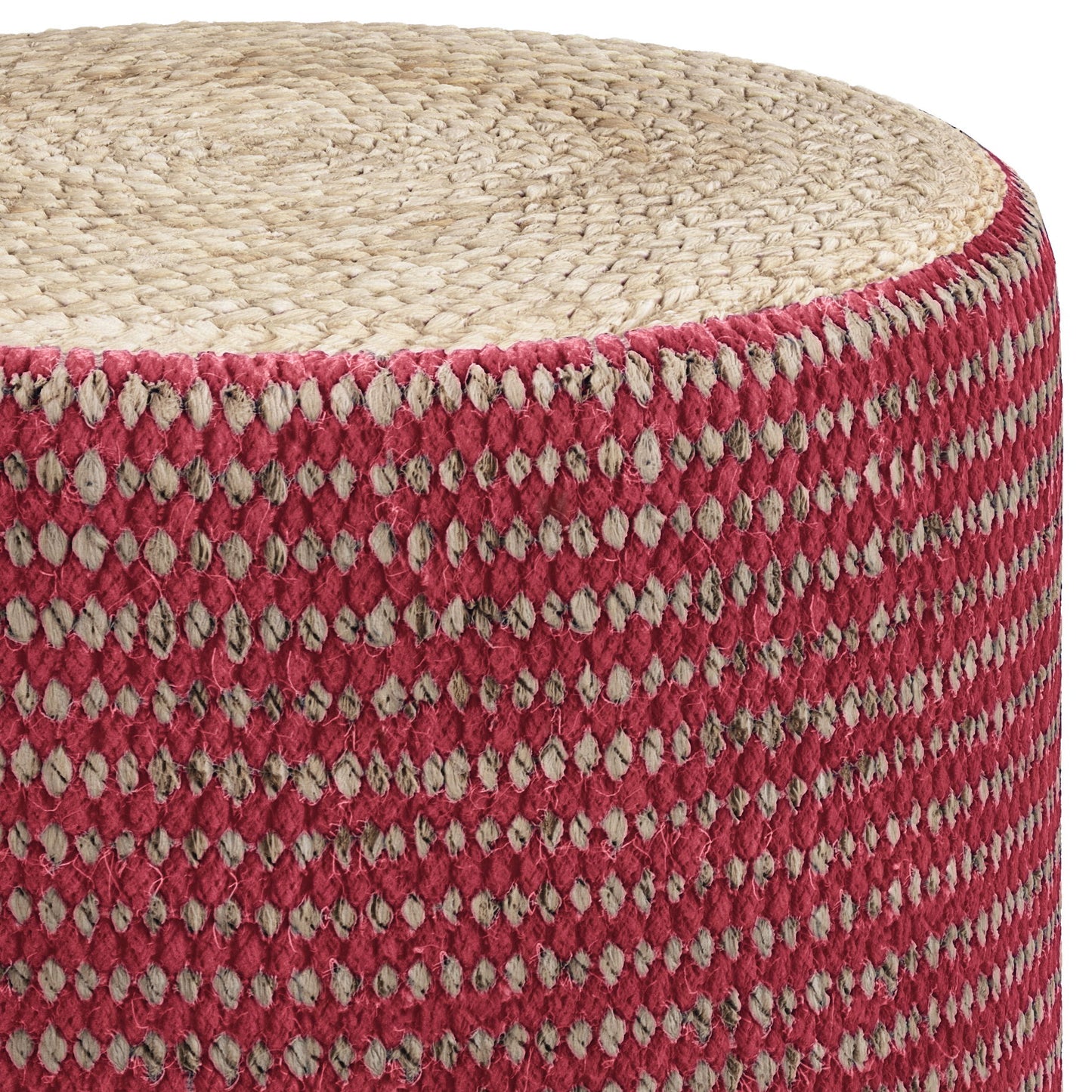 The Larissa - Handcrafted Round Braided Pouf features a coarse natural jute top and sides with a rustic red and beige diamond pattern, offering simple, woven charm.