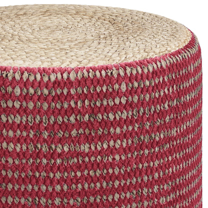 The Larissa - Handcrafted Round Braided Pouf features a coarse natural jute top and sides with a rustic red and beige diamond pattern, offering simple, woven charm.