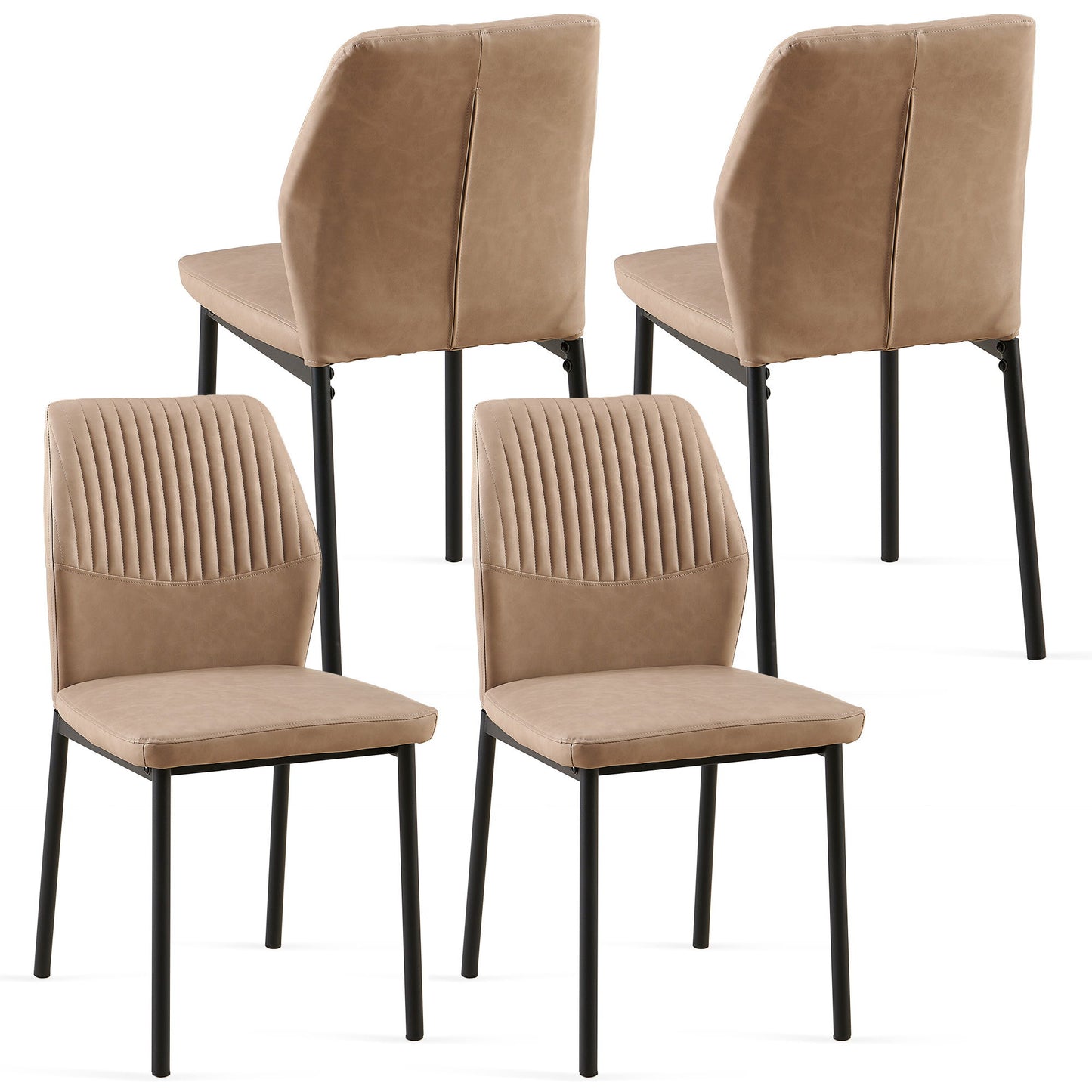 Set of four Dining Chairs Living Room Chair Modern Kitchen Armless Side Chair With Metal Legs, featuring light brown faux leather, ribbed detailing on the front, and black metal legs; shown from both front and back.