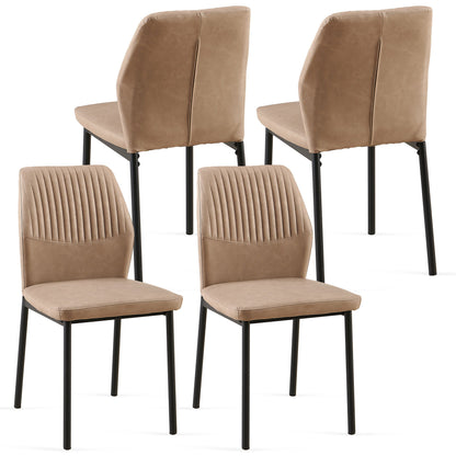 Set of four Dining Chairs Living Room Chair Modern Kitchen Armless Side Chair With Metal Legs, featuring light brown faux leather, ribbed detailing on the front, and black metal legs; shown from both front and back.