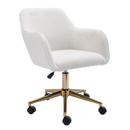 The Modern Adjustable Height 360 Revolving Home Office Chair features white textured upholstery, a gold metal base with five black caster wheels, curved armrests, and an adjustable height lever.