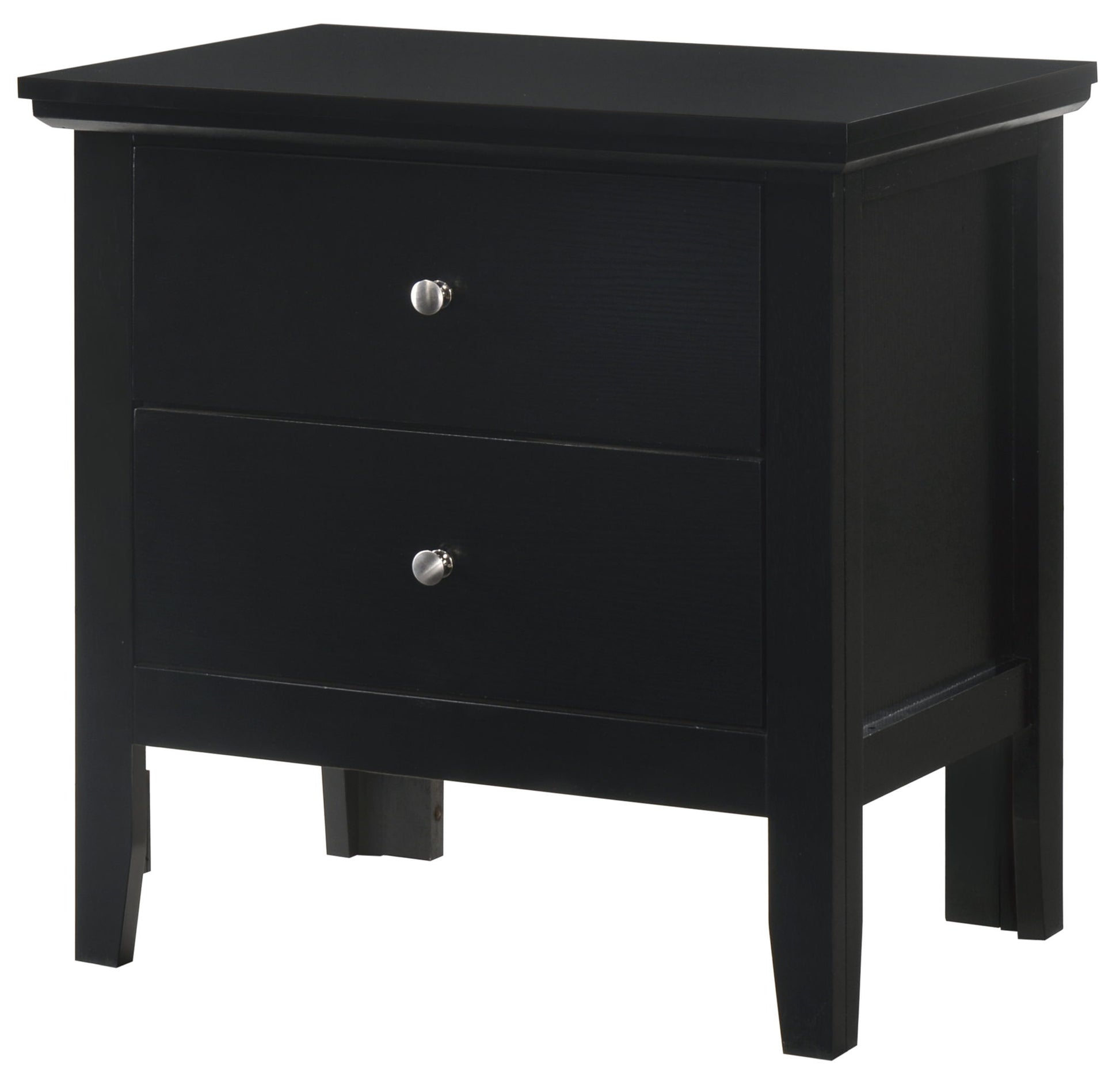 The Primo - Nightstand is a black wooden piece with two drawers, each fitted with a small round silver knob, and stands on four legs.